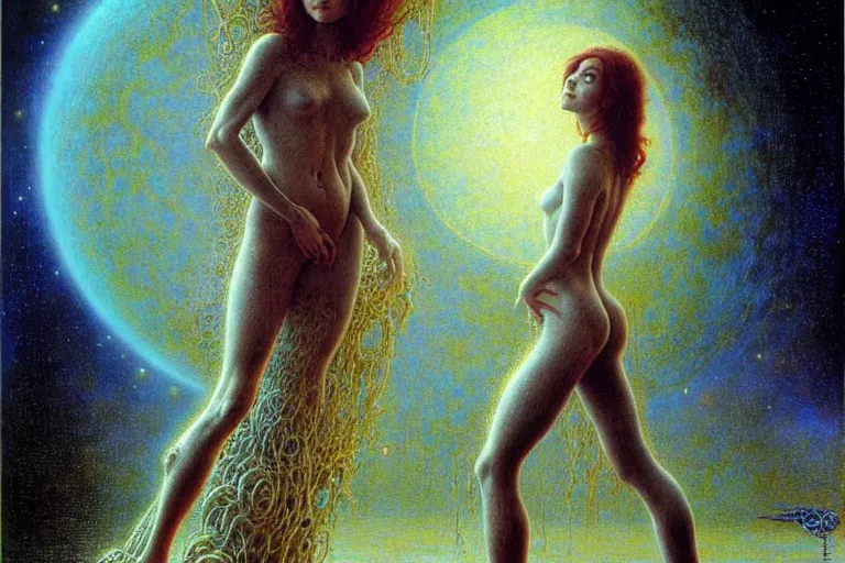 Image similar to cute young alyson hannigan with short hairs on lovecraftian planet by jean delville by luis royo and wayne barlowe, beksinski