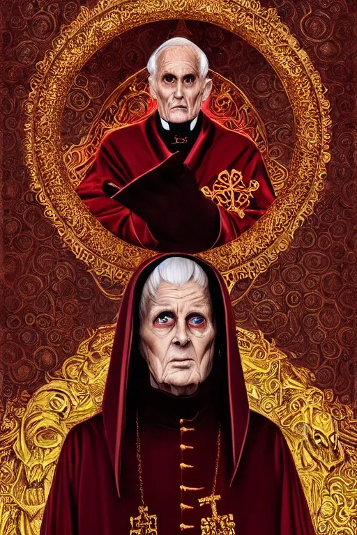 Prompt: evil pope sorcerer in his late nineties. stately and dour in his expression. eyeliner accentuates his sunken eyes. a high black turtleneck covers his thin neck. opulent white golden red robe, gold decoration, sharp focus, digital painting, illustration, art by magali villeneuve