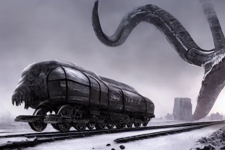 Image similar to a grand intricate futuristic black steam train next to a giant mammoth, post - apocalyptic ice landscape in snowstorm, concept art, artstation, highly detailed, digital art