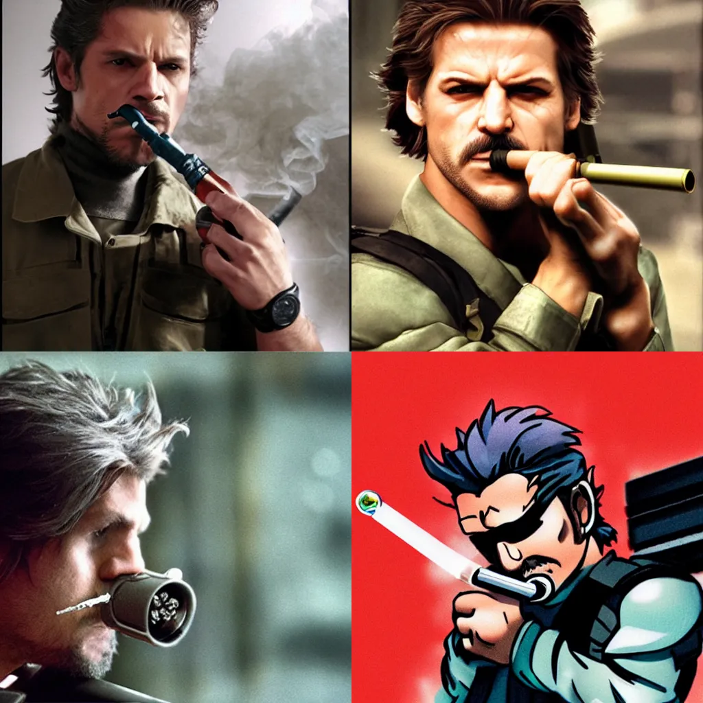 Prompt: Solid Snake smoking a bubble pipe, photograph