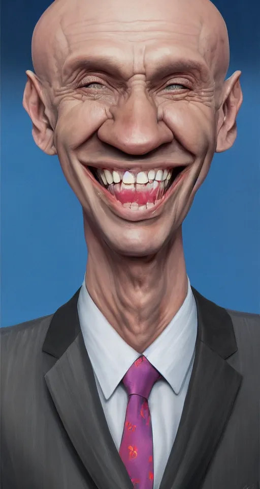 Prompt: a hyper realistic portrait of a smiling male alien in a suit for advertisement, artstation