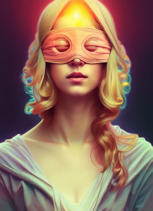 Prompt: blindfolded handsome young women with shoulder length blonde hair, symmetrical, half body shot, path traced, highly detailed, high quality, digital painting, alena aenami, lilia alvarado, shinji aramaki, karol bak, alphonse mucha, tom bagshaw