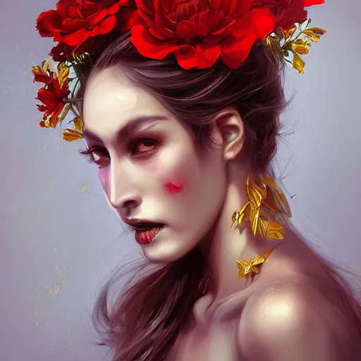 Image similar to A potrait of a women skull head with gold and red flowers, digital painting, by Stanley Artgerm Lau, WLOP, Rossdraws, LeraPi, and Sakimichan, digital painting, trending on ArtStation, deviantart, SFW version