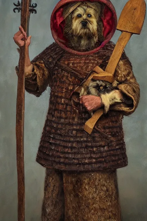 Prompt: Slavic dog head man, woolen torso in medieval clothes, holding axe, Orthodox Saint Christopher, oil painting, hyperrealism, beautiful, high resolution, trending on artstation,