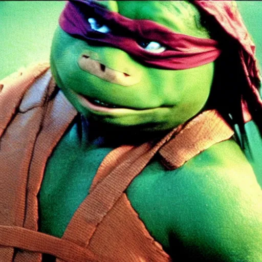 Image similar to Danny DeVito as a Ninja Turtle in Teenage Mutant Ninja Turtles (1990), film still, photo