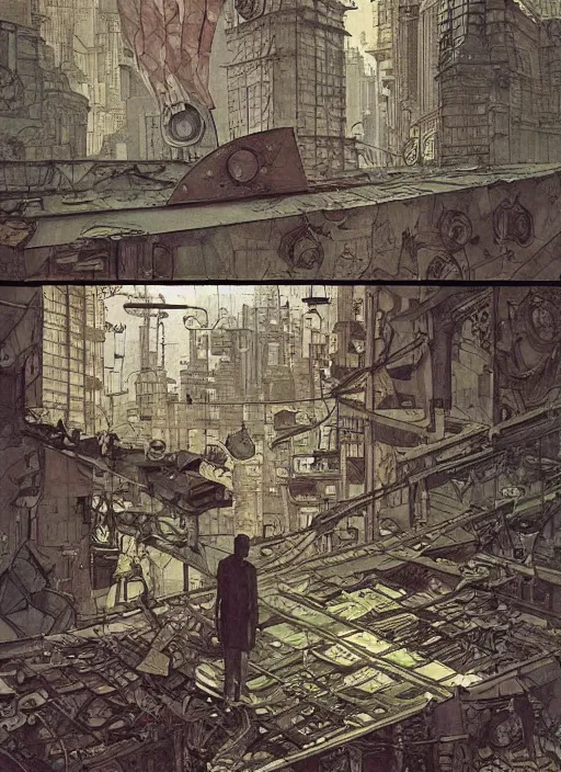 Prompt: 2 0 8 0 apocalyptic scene by shaun tan, intricate, torn paper decollage, oil on canvas by edward hopper, ( by mattias adolfsson ), by moebius