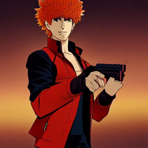 Prompt: , hyperrealistic spike from anime cowboy bebop holding two handguns looking into the distance of space, spike in on top of his red spaceship and he is looking over a dystopian cyber city on Mars art, physically accurate, dynamic lighting, intricate, elegant, highly detailed, very very Roberto Ferri, sharp focus, very very unsettling, very terrifying, illustration, wideshot,