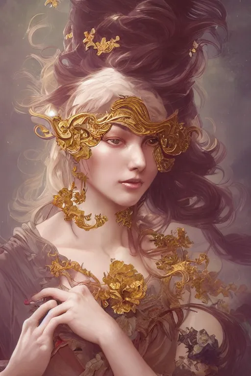 Image similar to a photograpic portrait of a pretty woman, rococo, gold, fantasy, intricate, elegant, highly detailed, digital painting, artstation, concept art, smooth, sharp focus, illustration, art by artgerm and greg rutkowski and alphonse mucha