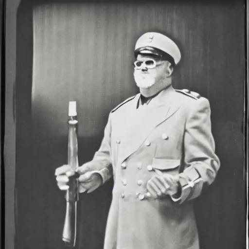 Image similar to colonel saunders as dictator, vintage photograph, old, monochrome, slightly blurry, vintage effect, grain effect