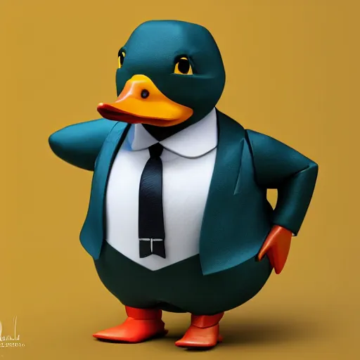 Image similar to a high detail photo of an antropomorphic duck wearing a suit, trending on artstation