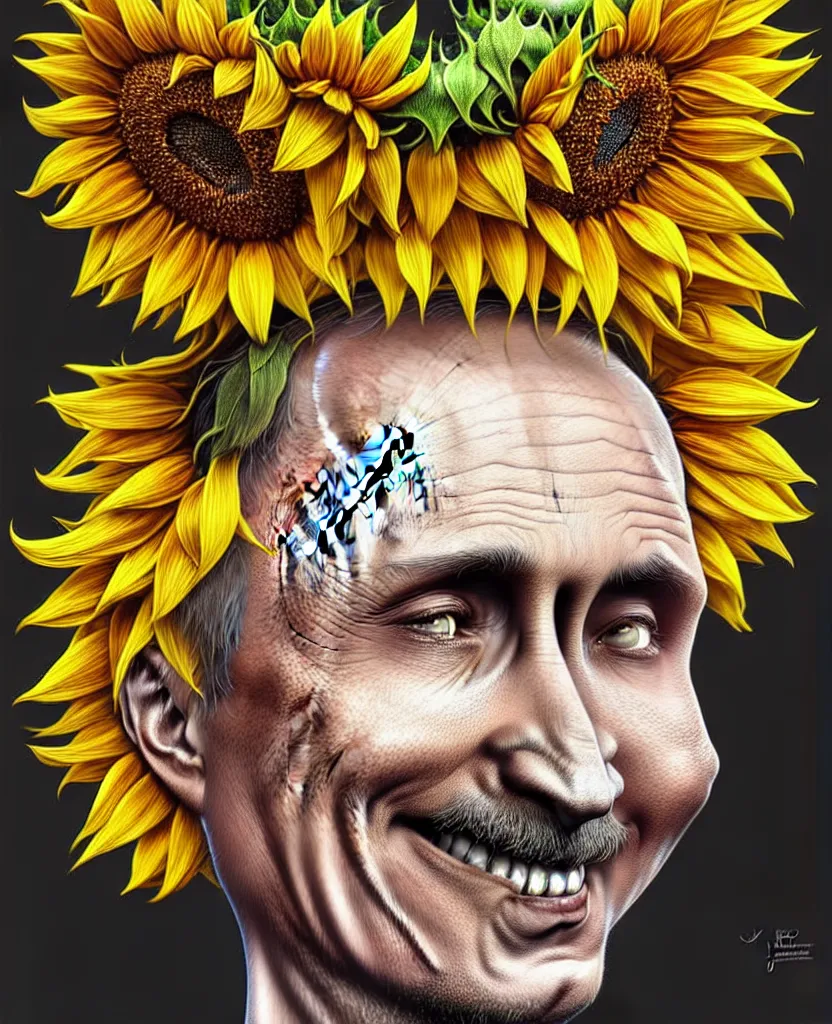 Image similar to digital art, centered full body of Putin smiling king, Sunflower crown, ,intricate, veins, by James Jean and by artgerm , by ross tran ultradetailed, charachter design, concept art, trending on artstation,