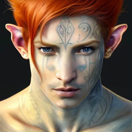Prompt: portrait painting of a young elven man with a soft face and short light orange hair and tribal tattoos on his face wearing feather armor, ultra realistic, concept art, intricate details, eerie, highly detailed, photorealistic, octane render, 8 k, unreal engine. art by artgerm and greg rutkowski and charlie bowater and magali villeneuve and alphonse mucha