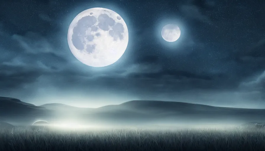 Prompt: a beautiful landscape at night, big moon on the right, stars in the sky, matte painting, dark blue tones, concept art, 4 k