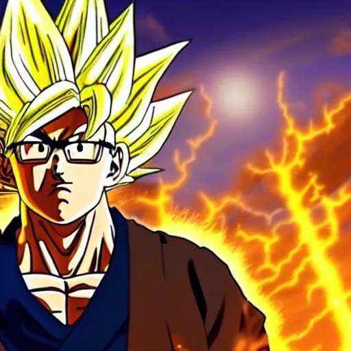 Prompt: portrait of Bernie Sanders from dragon ball z with glowing golden aura flying over a desert field, super saiyan 3, yellow spiky hair, high quality photo, 4k