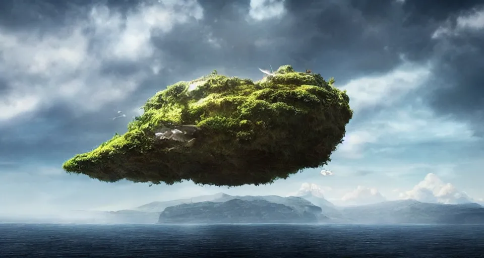 Prompt: A magnificent floating island in the sky above the sea, defying gravity, floating and flying island, epic lighting, epic composition, highly detailed