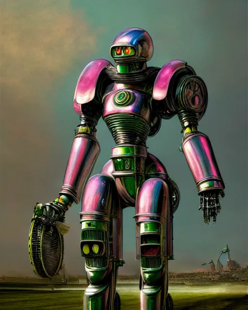 Image similar to hyperrealistic hyperdetailed medieval mecha iridescent pink battle war concept art santiago caruso de chirico sharp very dramatic green light 8k low angle shallow depth of field