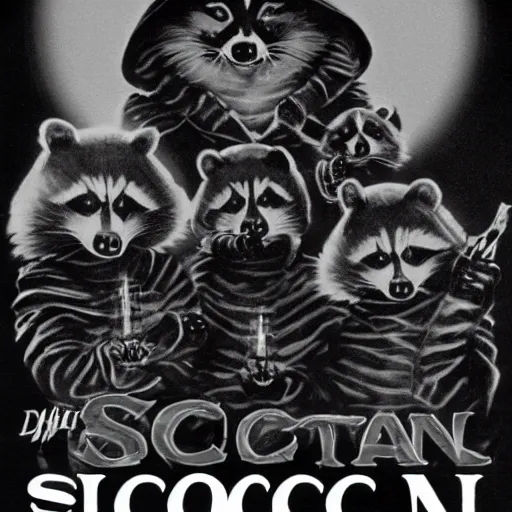 Image similar to 1 9 8 0's award winning sci - fi movie, a group of raccoons wearing dark cult robes look towards the camera in surprise and anger as they perform a dark occult evil ceremony inside the secret lair of an underground mystery cult, dramatic candlelight, pentagrams, ultra - detailed, photorealistic, 4 k