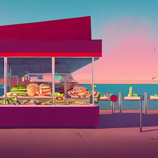 Image similar to fast food counter by the beach by simon stalenhag