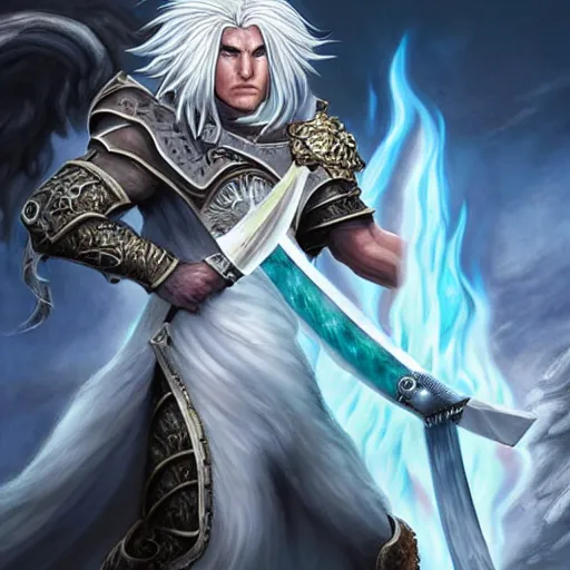 Image similar to Lionman with white hair walking away from a burning city, full body art, wielding a longsword with blue gemstones lining the blade, Painted By Anne Stokes, Dim Lighting