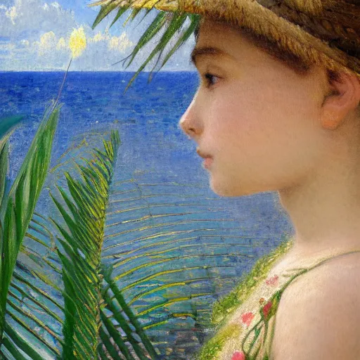 Image similar to a ultradetailed beautiful painting of a girl in the amazonas palace designed by jules bastien - lepage, hans belmer, frank weston and gustave baumann, beach, trending on artstation, mediterranean, palm trees, refracted color sparkles, sharp focus, soft light, 8 k 4 k