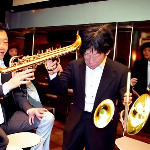 Prompt: trumpet guy Douglas Levison entertaining Japanese businessmen at a Shinjuku night club