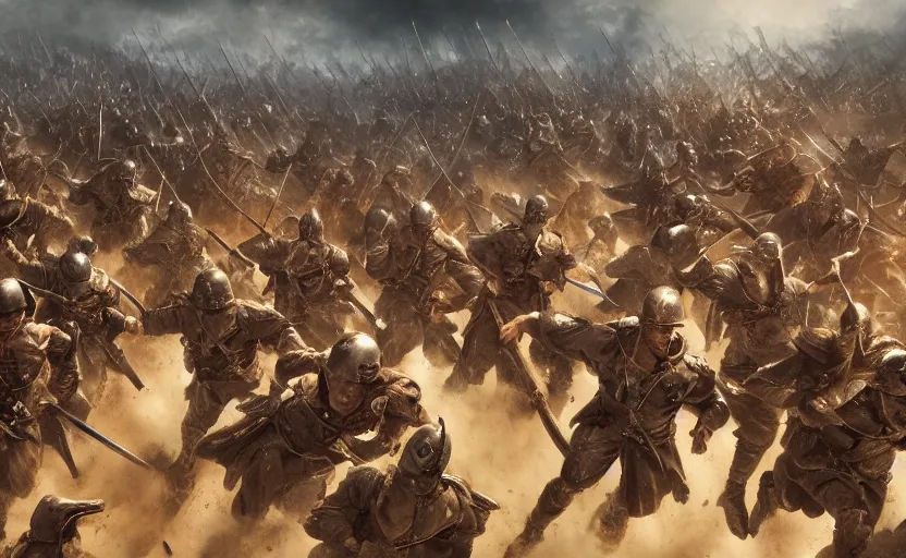 Image similar to dramatic cinematic artwork from above an army of warriors charging toward the enemy with the commander at the front with his sword raised by greg rutowski