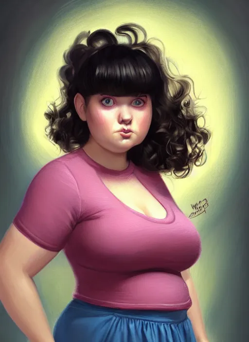 Image similar to full body portrait of teenage betty cooper, obese, bangs, ponytail, sultry, realistic, sultry smirk, ponytail hairstyle, fluffy bangs, curly bangs, skirt, fat, belly, intricate, elegant, highly detailed, digital painting, artstation, concept art, smooth, sharp focus, illustration, art by wlop, mars ravelo and greg rutkowski