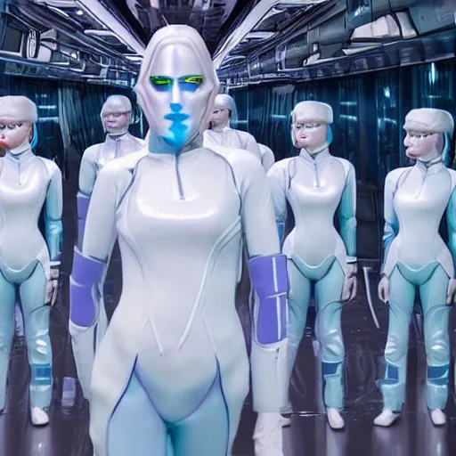 Image similar to troop of cloned women with white apache hairdos, white hair, tight light blue neopren suits, futuristic production facility, sci - fi, highly detailed, cinematic