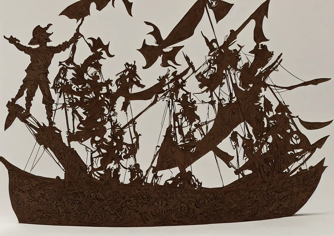 Image similar to a stylized cut paper sculpture of peter pan and captain hook sword fighting on a pirate ship