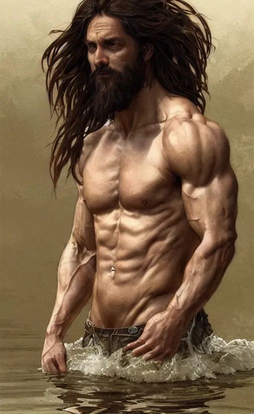 Prompt: the god of the lake, 30 years old, rugged, long hair, male, gorgeous, detailed face, amazing, thighs!!!!!!, muscular, intricate, highly detailed, digital painting, artstation, concept art, sharp focus, illustration, art by greg rutkowski and alphonse mucha