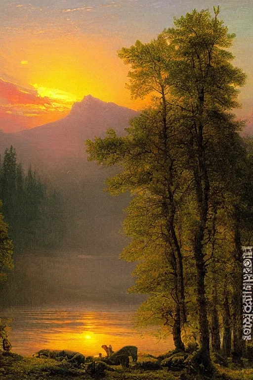 Prompt: the green mountains sunset painting by ivan shishkin