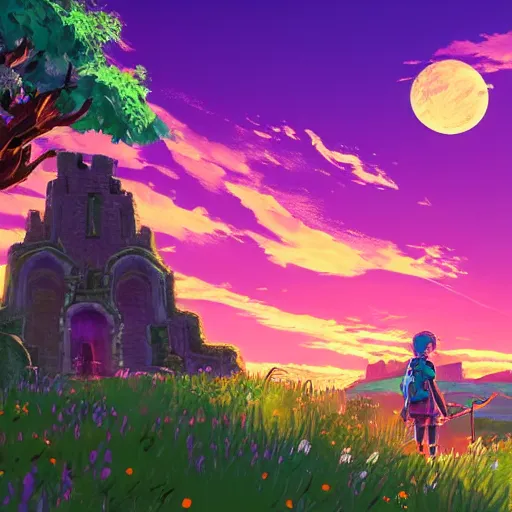 Image similar to Magical purple portal, castle ruins in background, sunset, glowing sun, miss, style of breath of the wild, studio ghibli