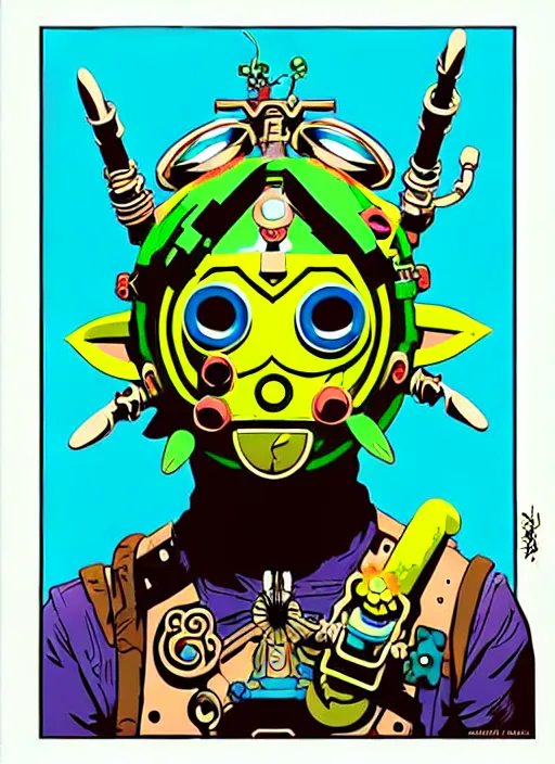 Image similar to biopunk majoras mask link from zelda!! portrait illustration, pop art, splash painting, art by geof darrow, ashley wood, alphonse mucha, makoto shinkai