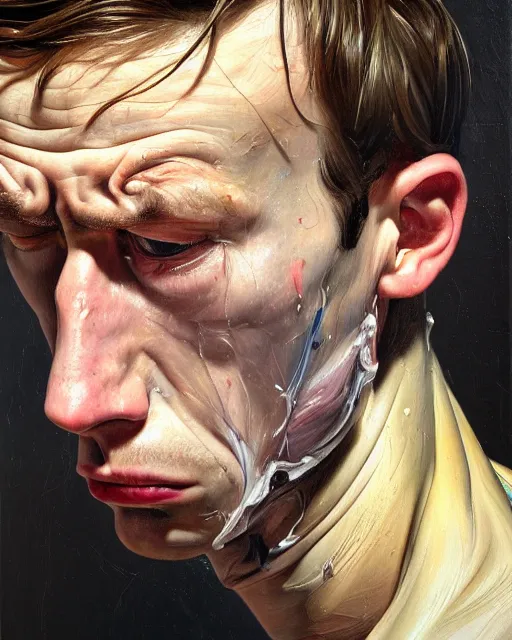 Image similar to a close up portrait a very ordinary young man with an angry expression, high angle, facing front, looking down, by Lucian Freud and Jenny Saville, oil painting, anatomically correct, beautiful perfect face, visible brushstrokes, sharp focus, Highly Detailed, Cinematic Lighting, 8k, HD