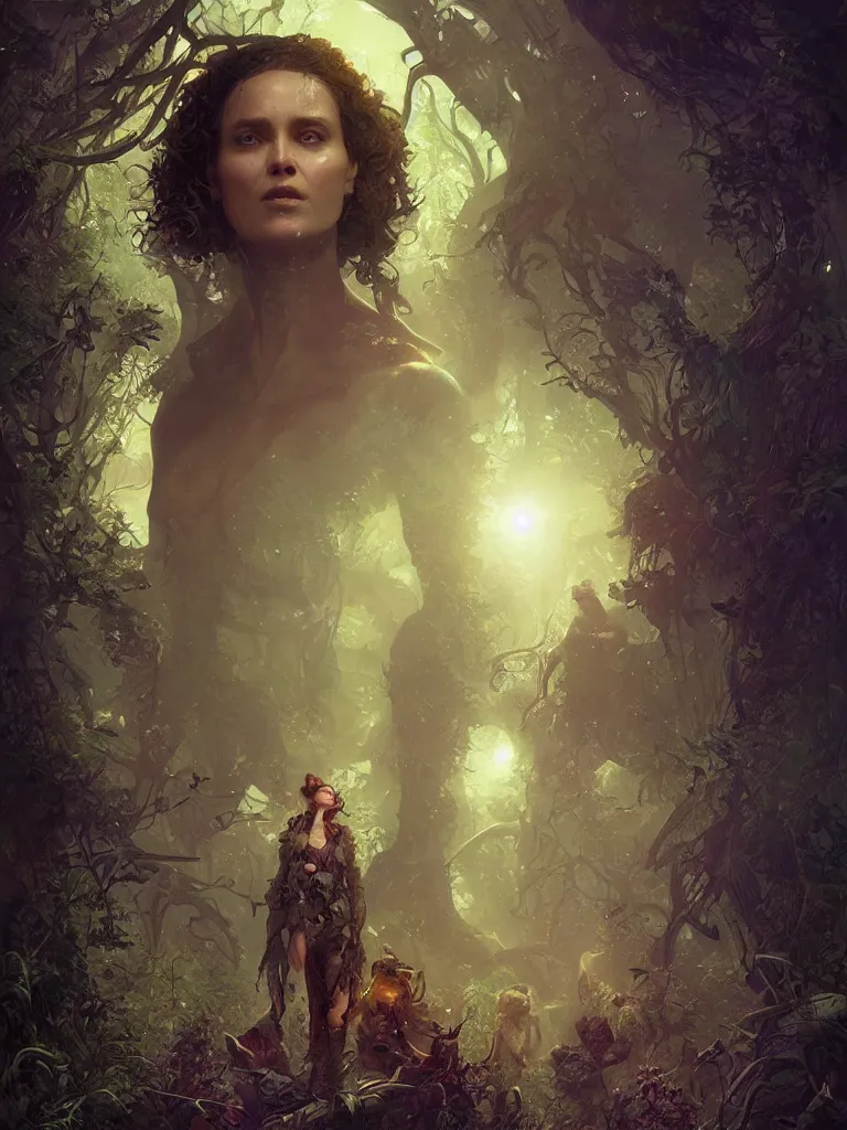 Prompt: a solarpunk portrait of a gorgeous woman in the movie Annihilation, with mutated bears and trees and fractal sunlight, award-winning, masterpiece, in the style of Tom Bagshaw, Cedric Peyravernay, Peter Mohrbacher