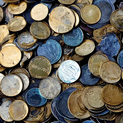 Image similar to a picture of a pile of coins underwater, it is raining, 50mm