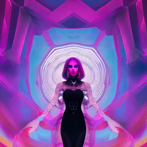 Image similar to long Shot of psychedelic Black widow standing in mysterious chromatic astral temple , stylish, lsd, soft, behance, cinematic, artwork by WLOP