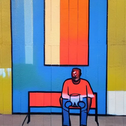 Prompt: oil on canvas, modern street art, a man sitting on a bench looking at the sunset, abstract