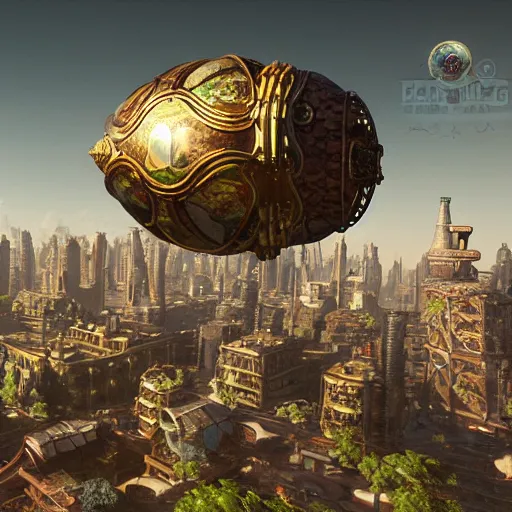 Image similar to enormous flying city in a faberge egg, sky, steampunk, fantasy art, masterpiece, unreal engine