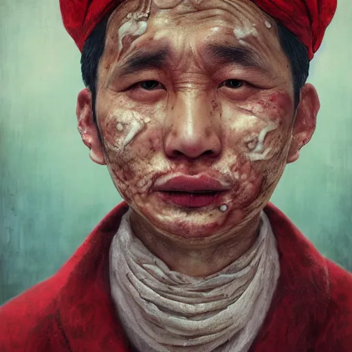 Image similar to photorealistic face portrait of chinese uyghur muslim prisoner and melting wax, wearing victorian rags, elite, disfigured, drooling, moist, unnatural movement, they are unhappy, bizzaro, baroque, renaissance, by emedios varo and anato finnstark and fenghua zhong, hyperrealism, 8 k, 3 d, masterpiece, texture