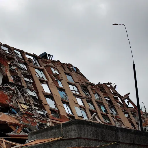 Prompt: tower block collapsed, rescue dog, photo realistic, rule of thirds