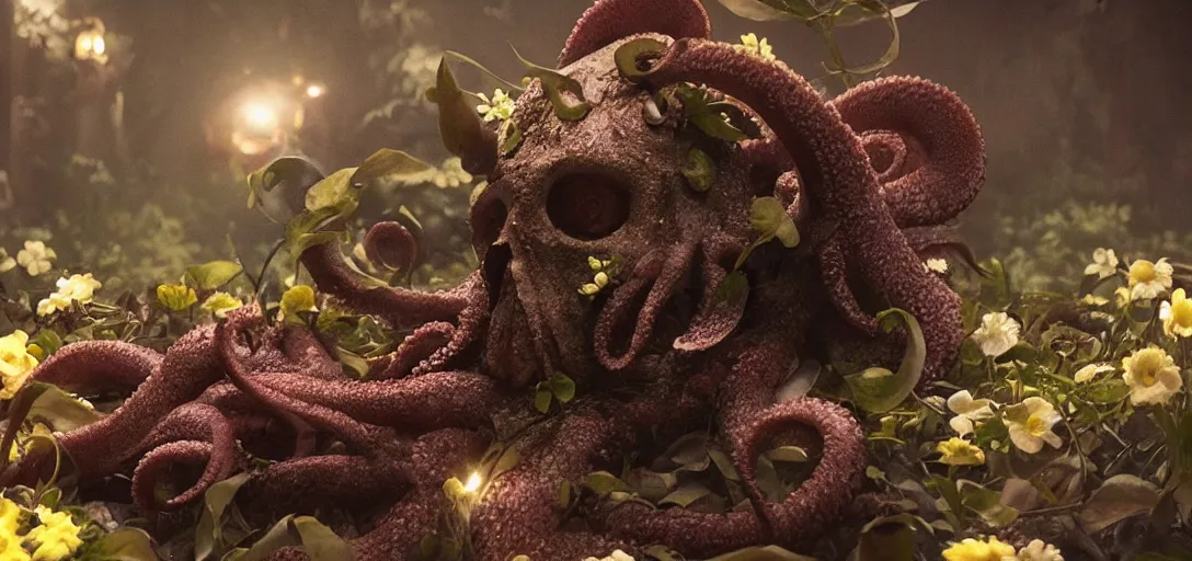 Prompt: an octopus in the shape of a skull surrounded by flowers at midnight, high flash, foggy, cinematic shot, photo still from movie by denis villeneuve, wayne barlowe