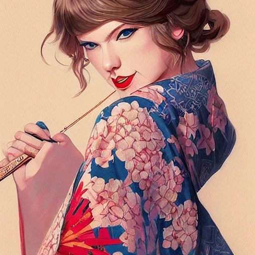 Prompt: taylor swift wearing a kimono, art by artgerm, greg rutkowski