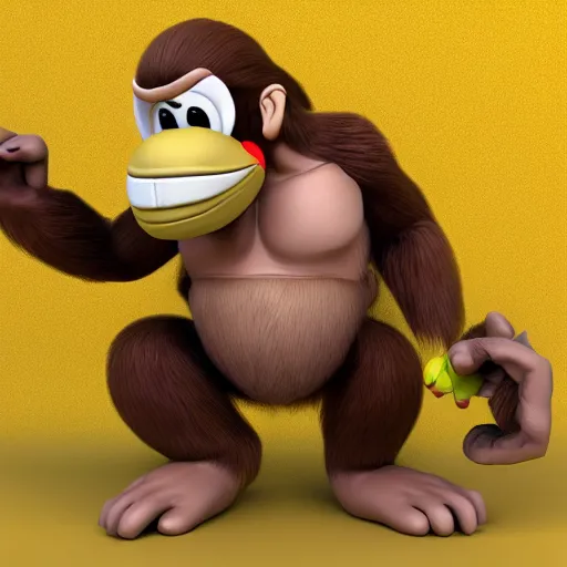 Image similar to Donkey Kong slips on a banana, 3D render, detailed clay model