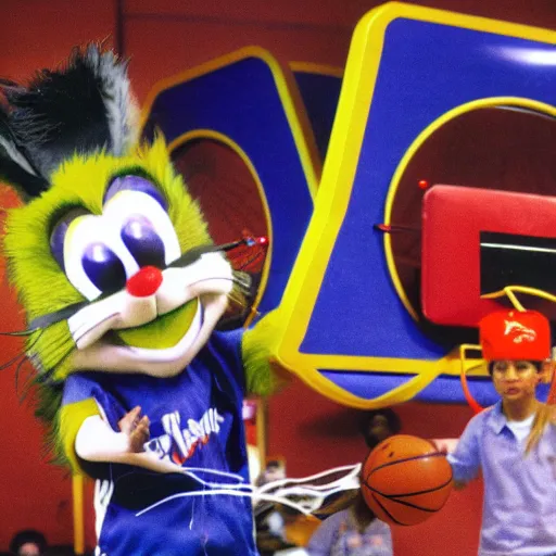 Prompt: Chuck E Cheese Mascot Playing Basketball