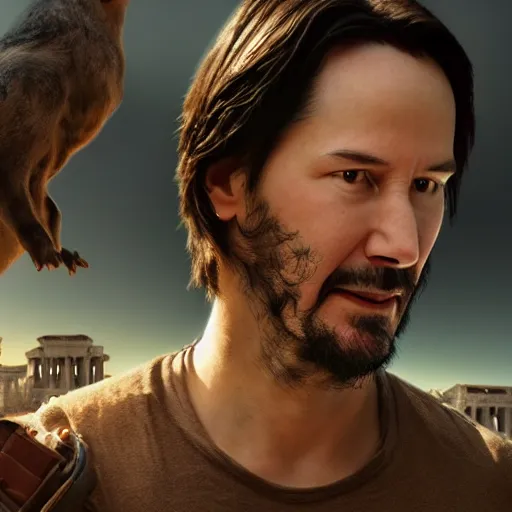 Image similar to Pixar movie about Keanu Reeves invasion of Ancient Athens, UFOs, portrait, intricate, 8k highly professionally detailed, HDR, CGsociety