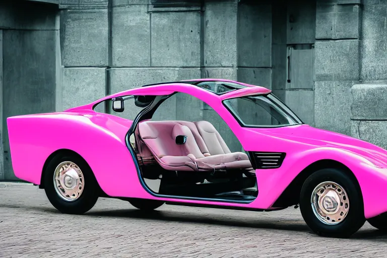 Prompt: Elegant photography of the pink panther car designed by Tesla