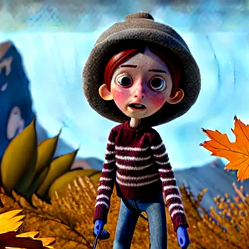 Image similar to a stopmotion animation character, a beautiful canadian woman, gardening, very attractive, messy dark grey hair, striped sweater, tight denim jeans, maroon doc marten boots, canadian maple leaves blowing about, mountains, autumn, unreal engine 5, 8 k, kubo and the two strings, disney, pixar,