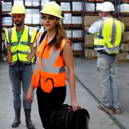 Image similar to photo, close up, emma watson in a hi vis vest, in warehouse, disposable camera,