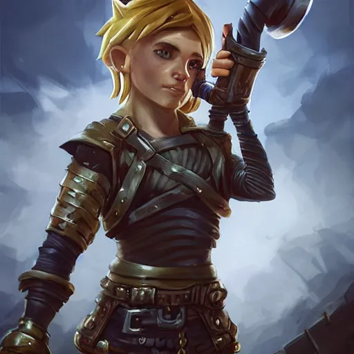 Prompt: full body character design, scrappy female gnome mechanic with pixie undercut hair and one prosthetic metal gauntlet arm standing on a ship deck, naval background, fantasy, D&D, full body portrait, highly detailed, digital painting, HD, trending on ArtStation, dark fantasy, great composition, concept art, matte, sharp focus, illustration, art by artgerm and greg rutkowski